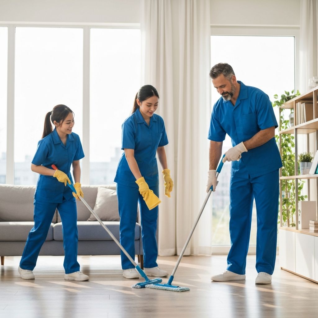 Equipa profissional de limpeza a trabalhar